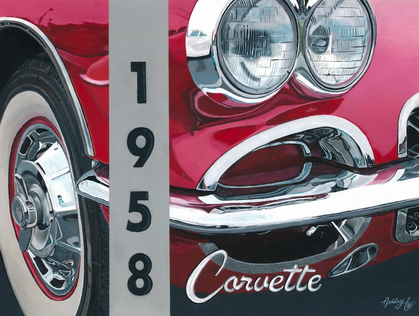 classic car, 1958, corvette, acrylic, painting, original, artwork, car