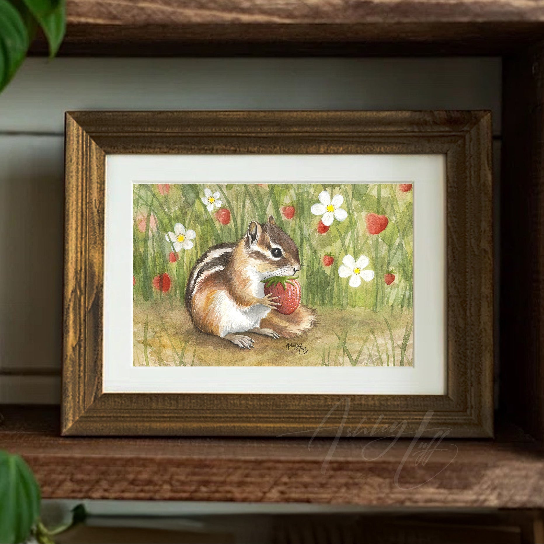 Framed limited edition art print of a chipmunk eating a fresh strawberry on a wooden shelf with plants.