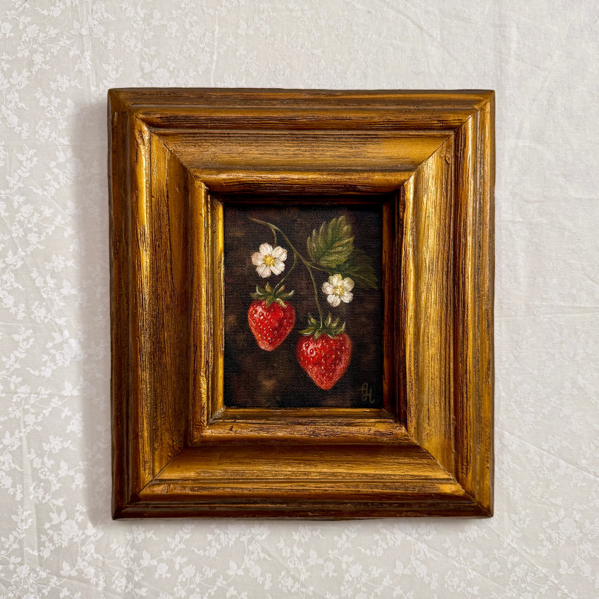 Strawberry Season Oil Painting | 4x5 | Vintage Gold Frame