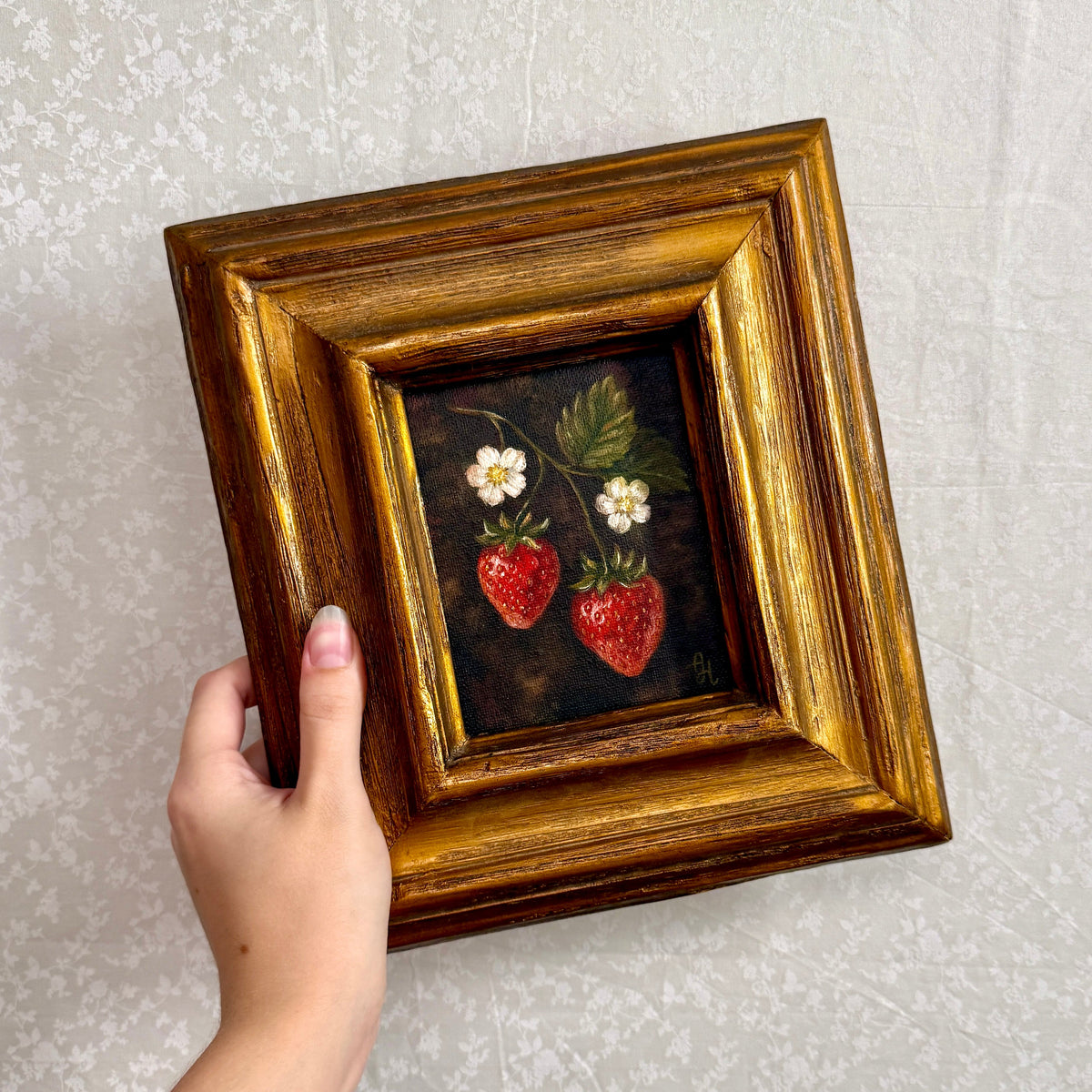 Strawberry Season Oil Painting | 4x5 | Vintage Gold Frame