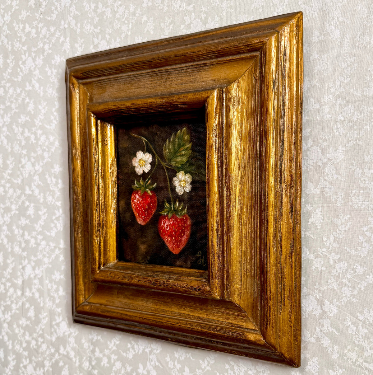 Strawberry Season Oil Painting | 4x5 | Vintage Gold Frame