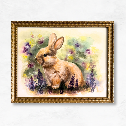 Rabbit with Wildflowers Watercolor